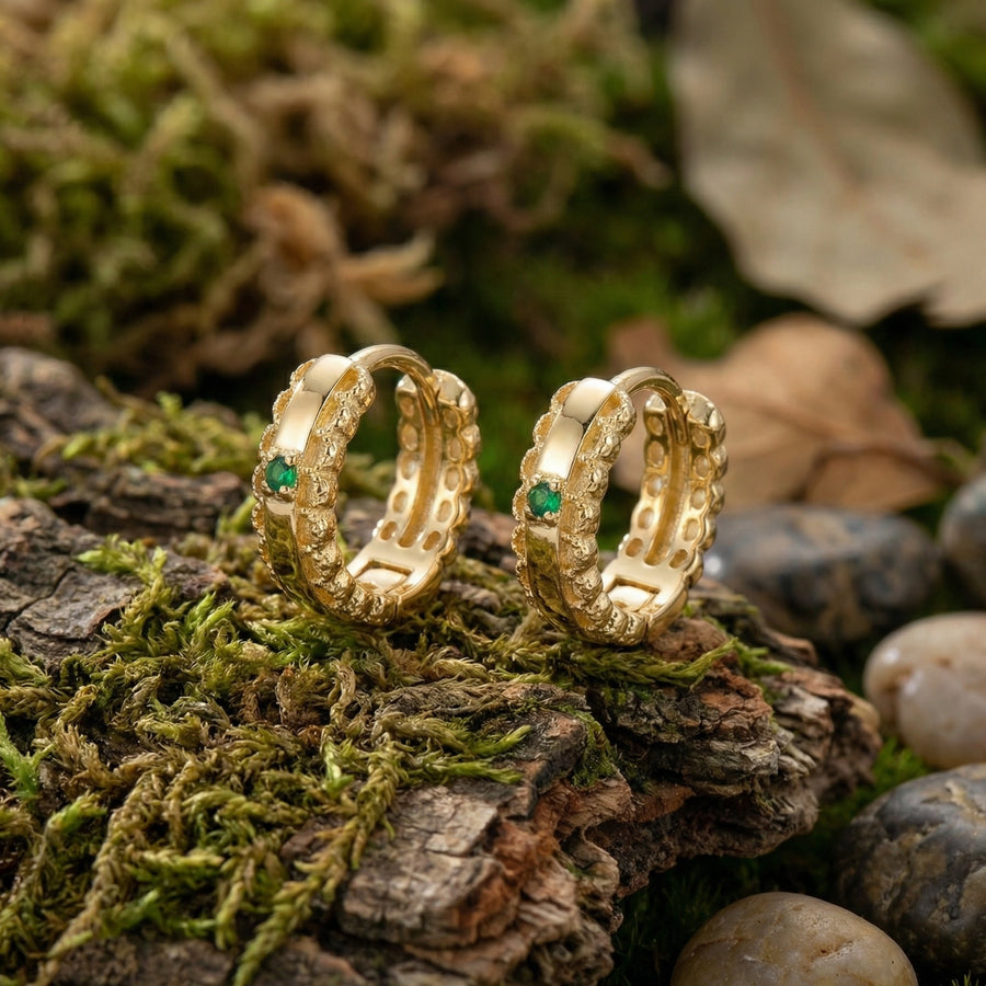 Textured Hoops with Green Gemstones – sterling silver earrings, side detail