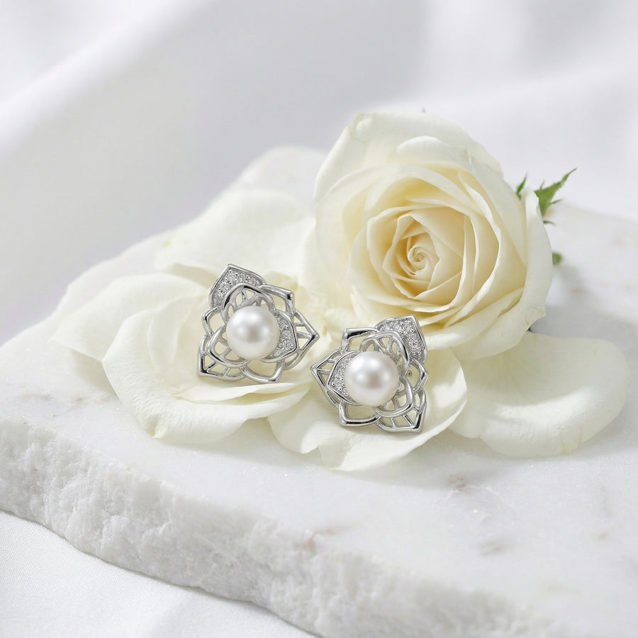 Pearl Blossom Stud Earrings – pearl earrings, close-up
