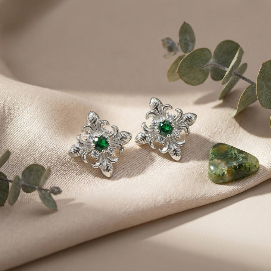 Vintage Fleur-de-Lis Green stone Studs – green stone earrings, side detail