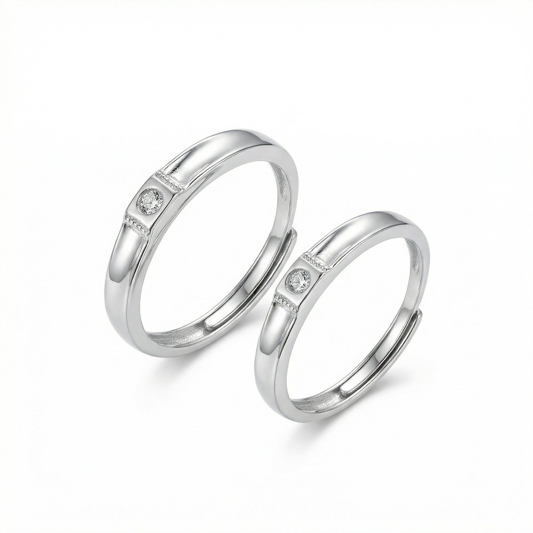 Sleek Sparkling Couple Rings – sterling silver ring, front view