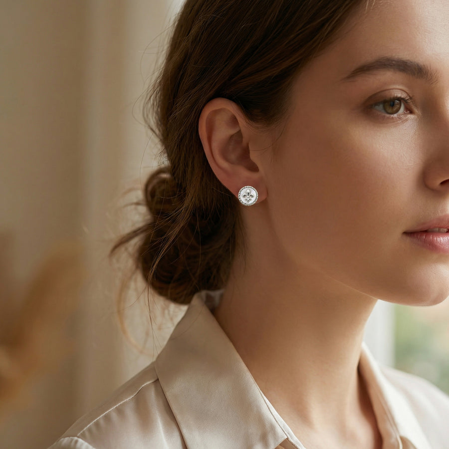 Fleur-de-Lis Mother-of-Pearl Studs – mother-of-pearl earrings, side detail