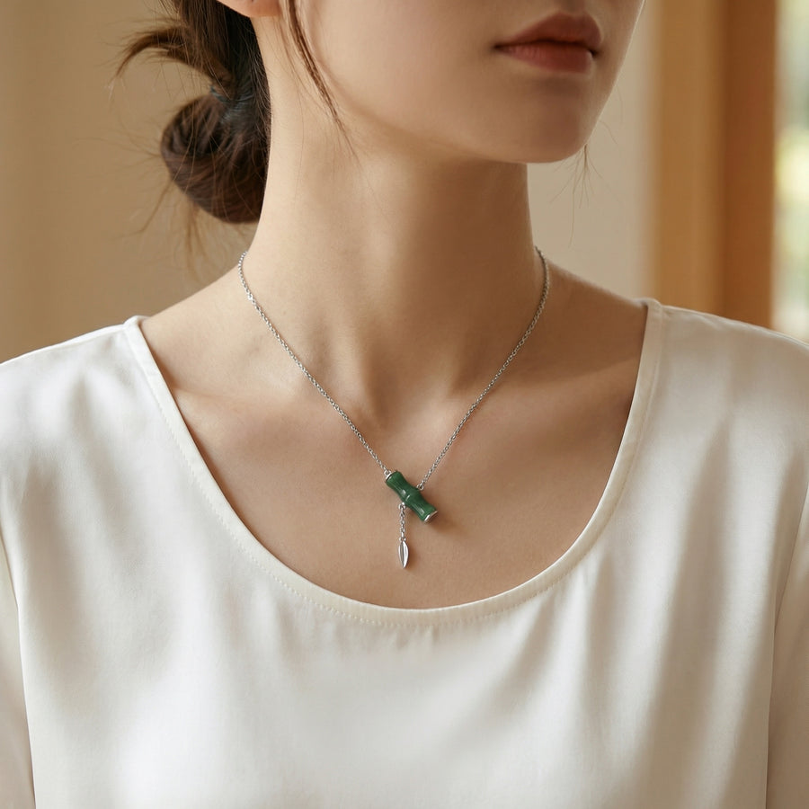 Green Jade Bamboo Pendant Necklace – jade necklace, close-up
