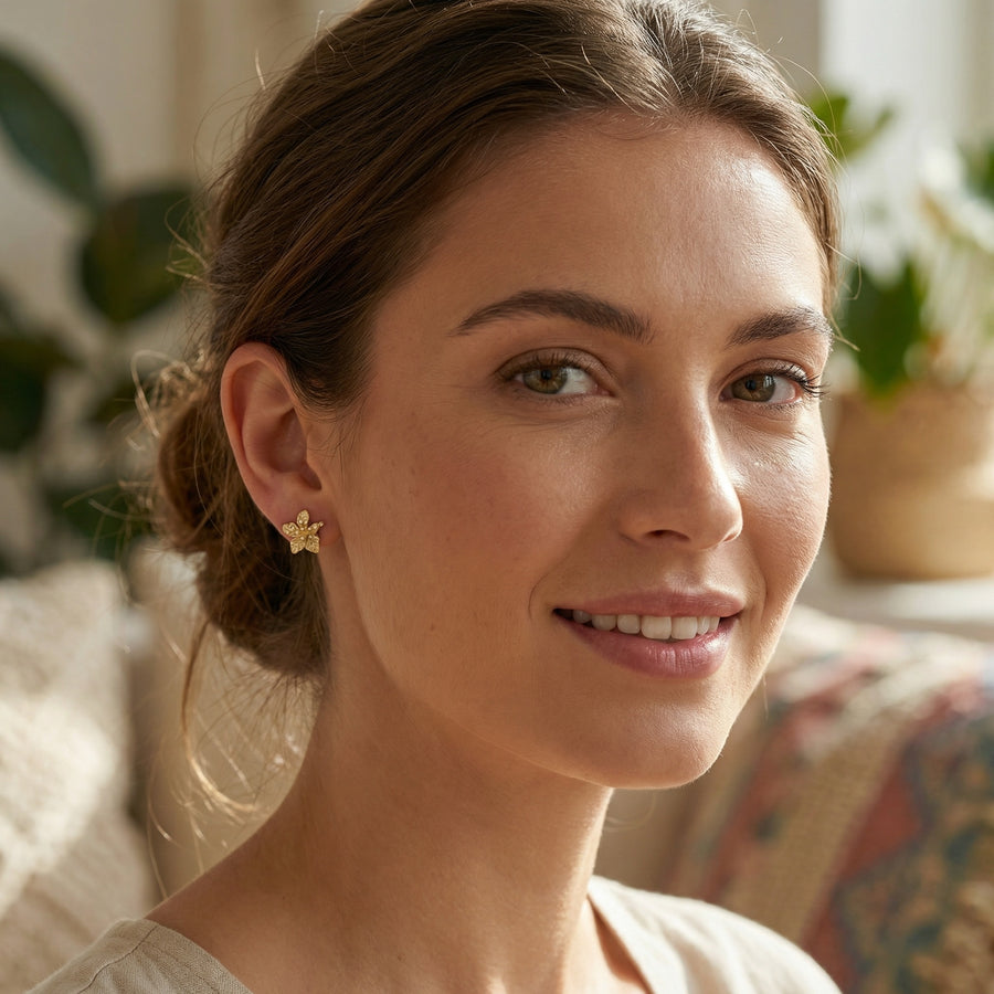 Textured Flower Stud Earrings – sterling silver earrings, close-up