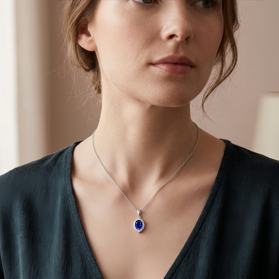 Oval Blue Sapphire Halo Necklace – sapphire necklace, close-up