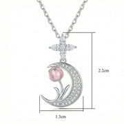 Crescent Moon Pink Tulip Necklace – sterling silver necklace, front view
