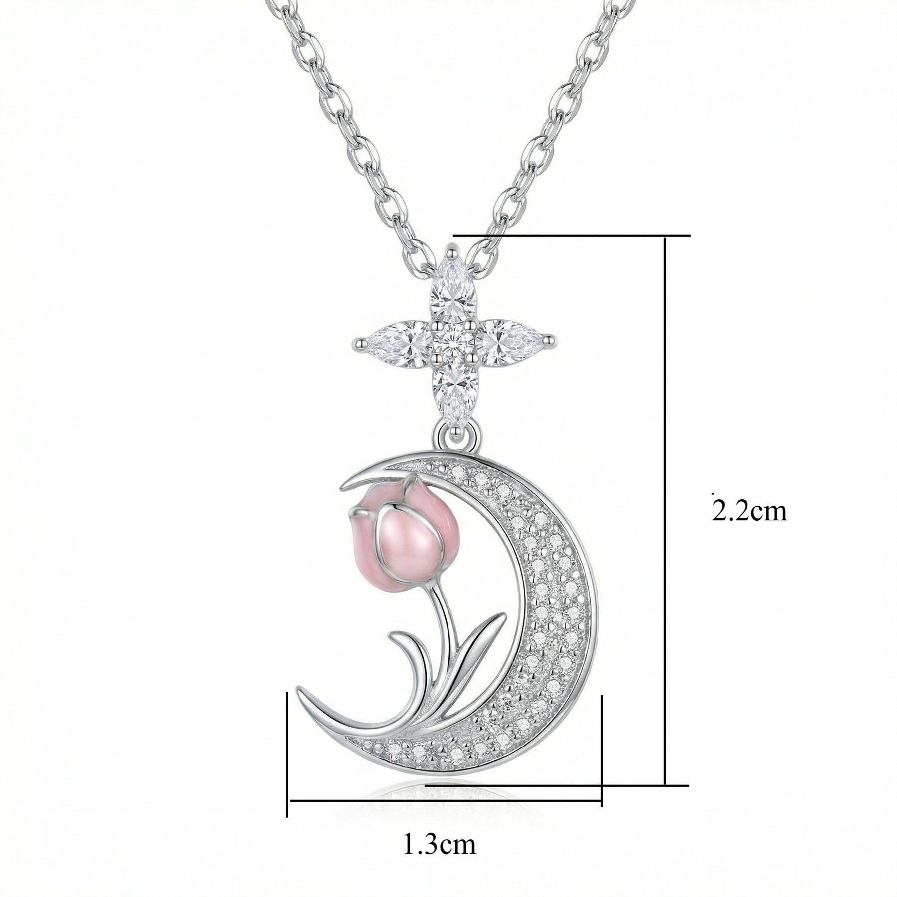 Crescent Moon Pink Tulip Necklace – sterling silver necklace, front view