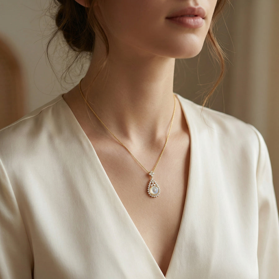 Halo Teardrop Pendant Necklace – sterling silver necklace, side detail