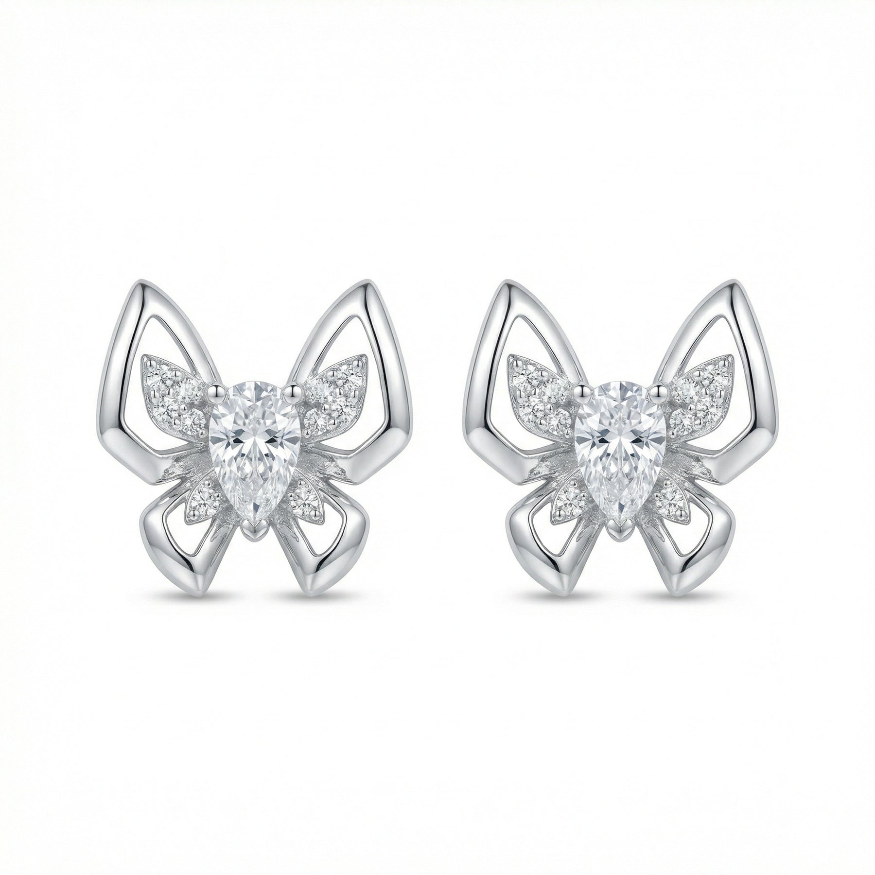 Silver Butterfly Studs, Pear Accents – sterling silver earrings, close-up