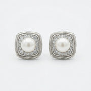 Square Halo Pearl Stud Earrings – pearl earrings, front view