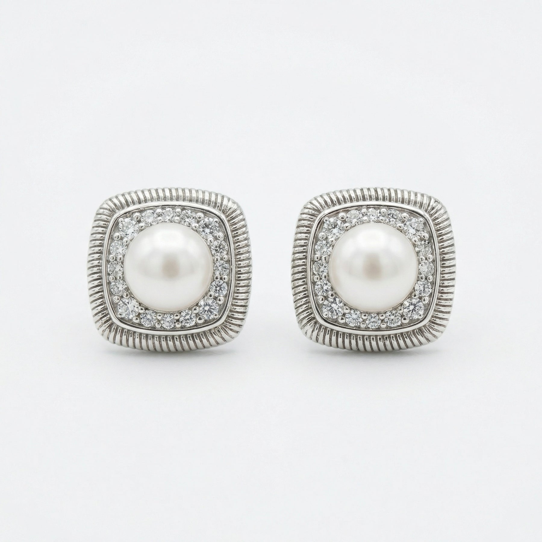 Square Halo Pearl Stud Earrings – pearl earrings, front view
