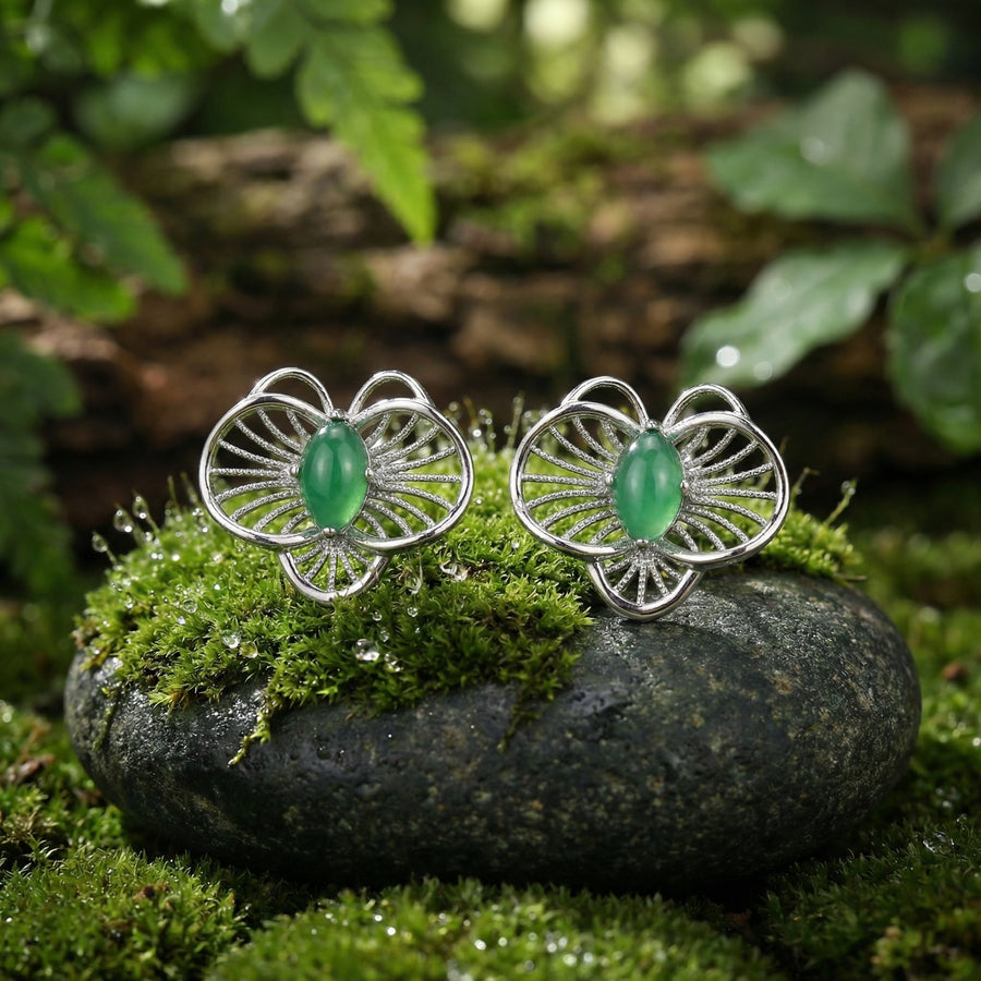 Jadeite-Style Filigree Floral Studs – jade earrings, close-up