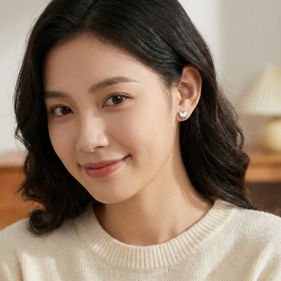Sterling Silver Pearl Heart Studs – pearl earrings, close-up