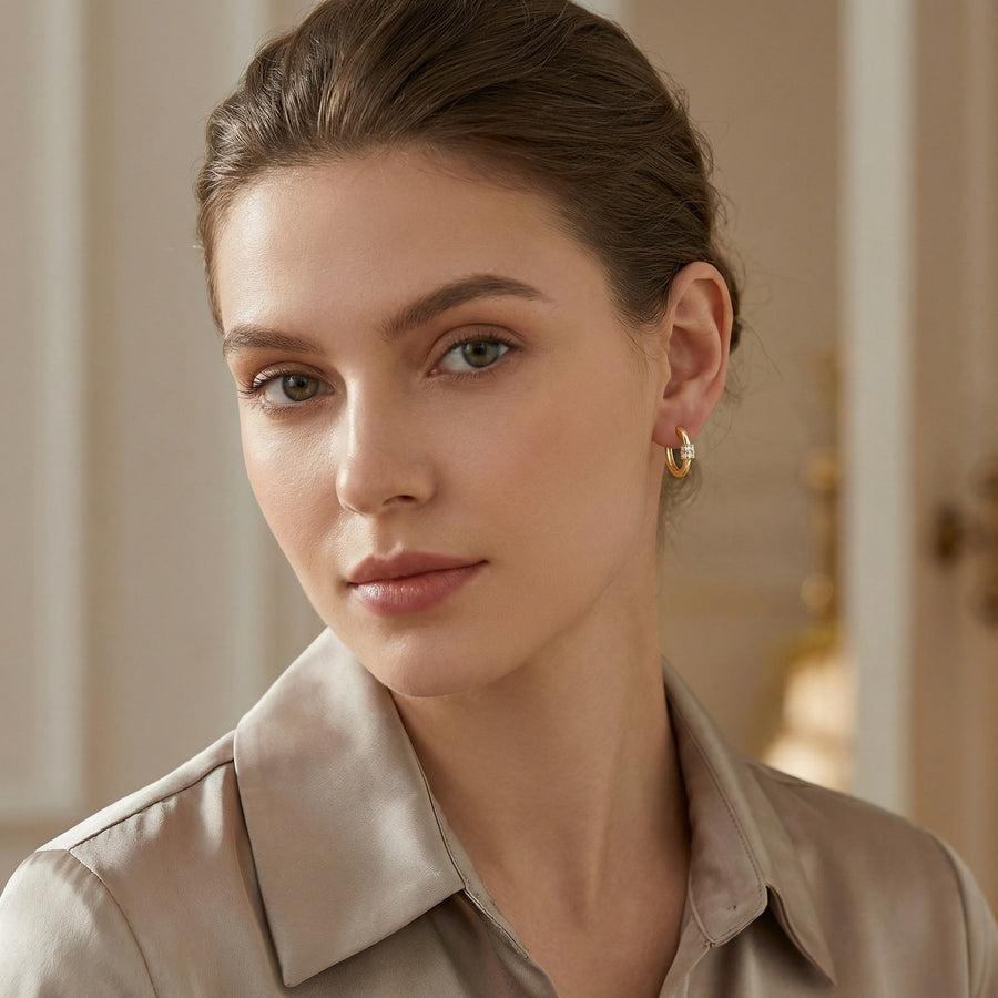 Huggie Hoops with Stone Center Detail – sterling silver earrings