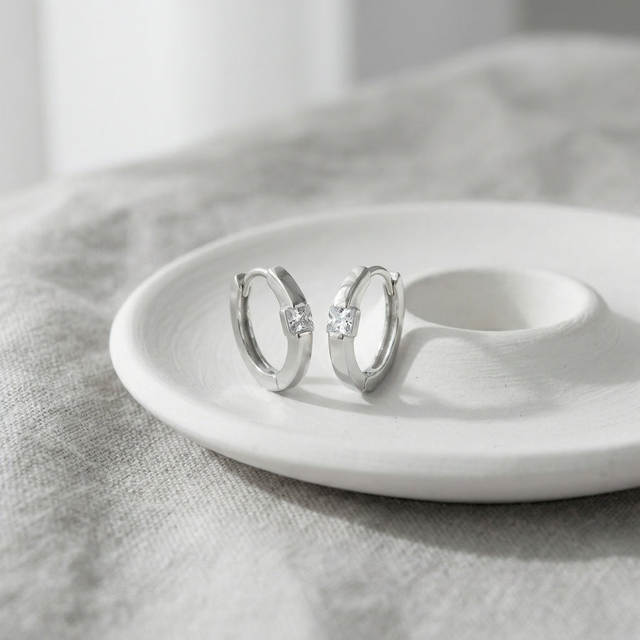 Square-Cut Zirconia Huggie Hoops – zircon earrings, front view