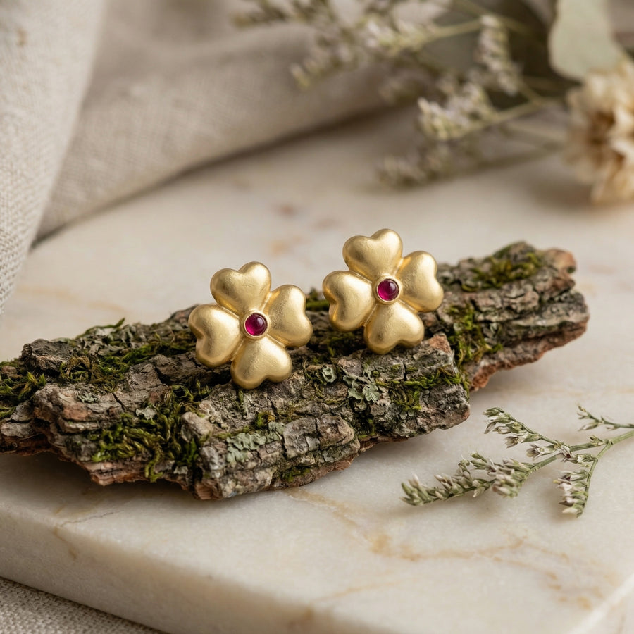 Heart Clover Ruby Stud Earrings – ruby earrings, side detail
