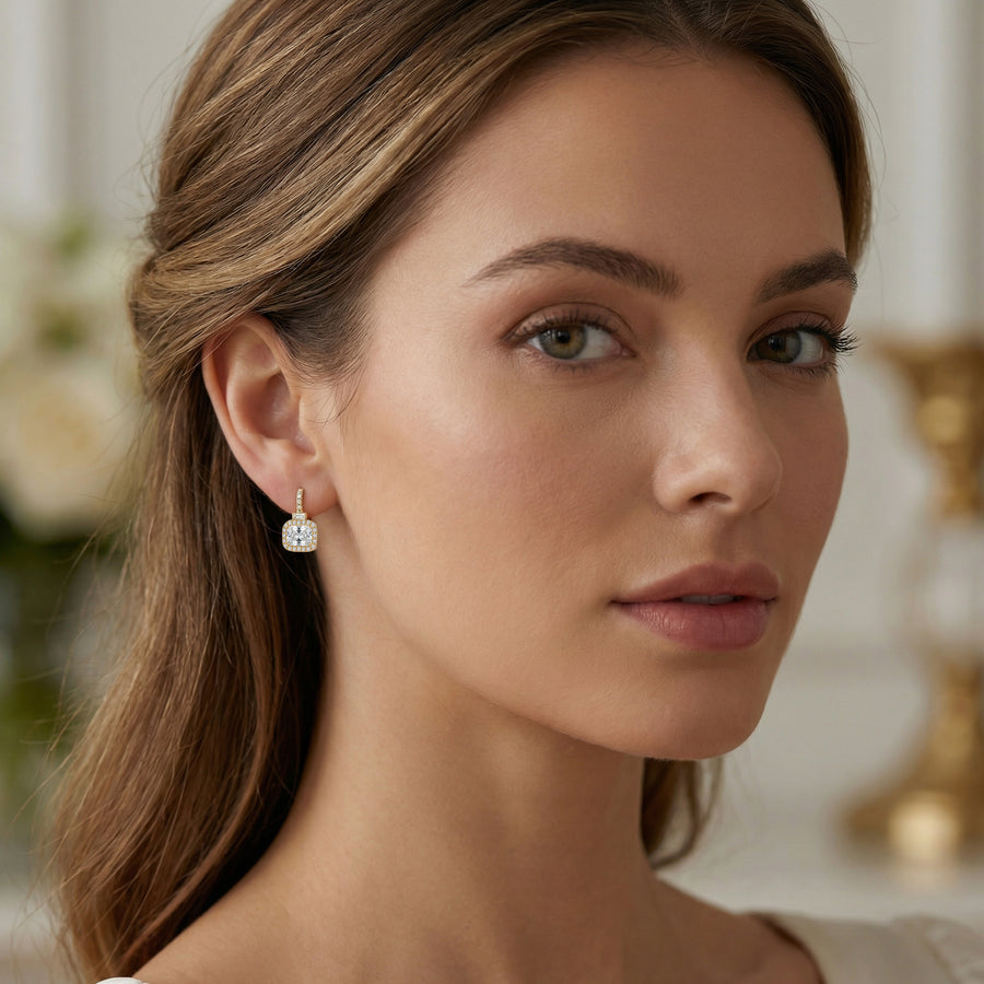 Radiant-Cut Halo Drop Earrings – sterling silver earrings, front view