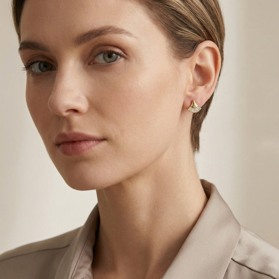 Fan-Shaped Baguette Stud Earrings – sterling silver earrings, side detail