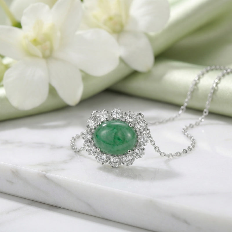 Jadeite Cabochon Halo Necklace – jade necklace, close-up
