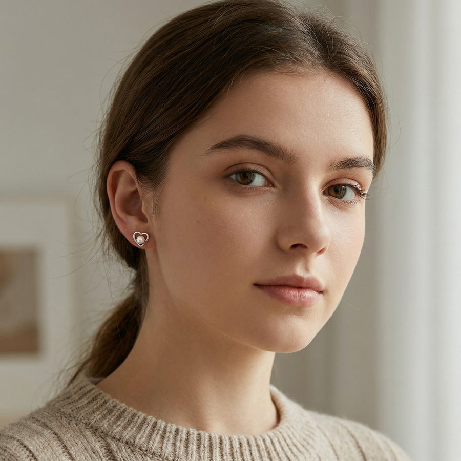 Cultured Pearl Heart Stud Earrings – pearl earrings, close-up