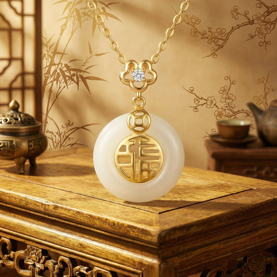 White Jade Prosperity Disc Necklace – jade necklace, front view