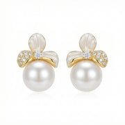 Floral Pearl Studs with Enamel Petals – pearl earrings, front view