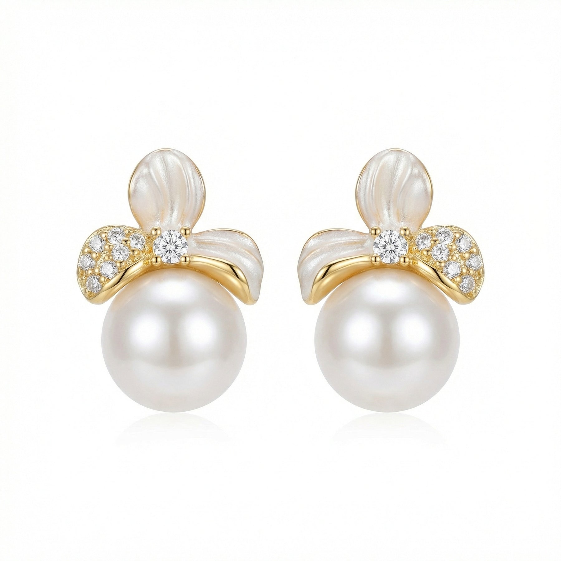 Floral Pearl Studs with Enamel Petals – pearl earrings, front view