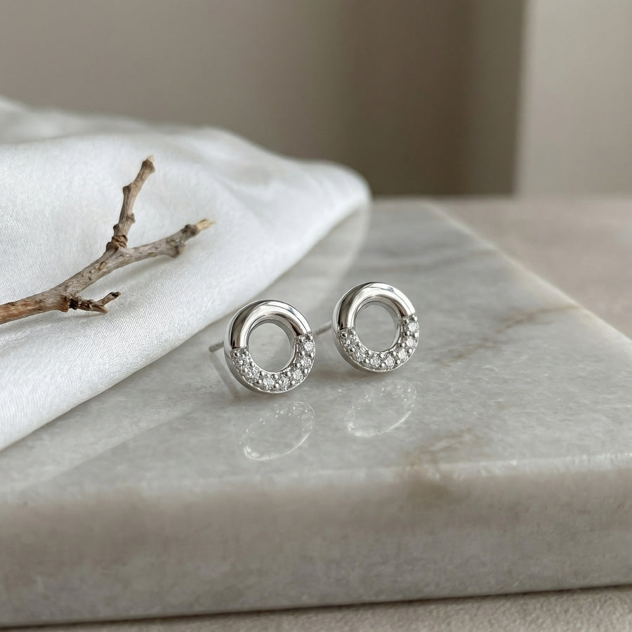 Pavé Open Circle Stud Earrings – sterling silver earrings, side detail