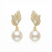Leaf Motif Pearl Drop Earrings – pearl earrings, close-up