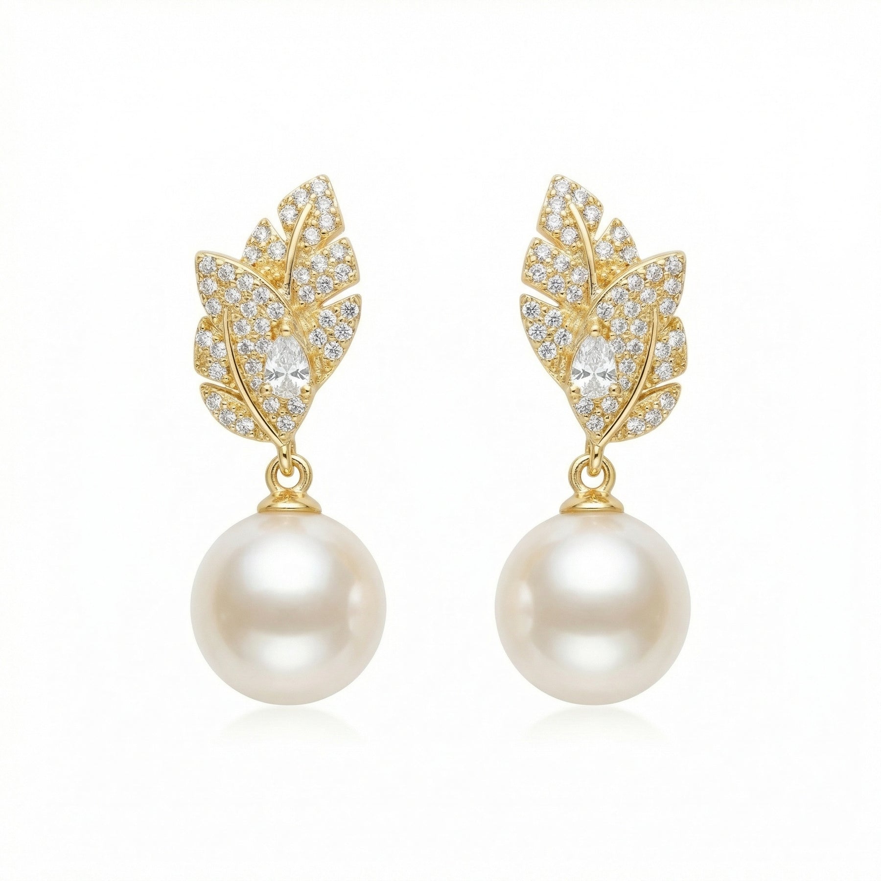 Leaf Motif Pearl Drop Earrings – pearl earrings, close-up