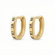 Roman Numeral Oval Huggie Hoops – sterling silver earrings, close-up