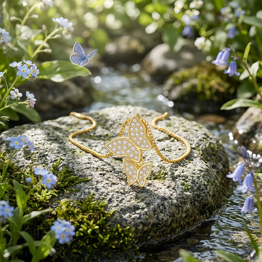 Double Butterfly CZ Necklace – zircon necklace, close-up