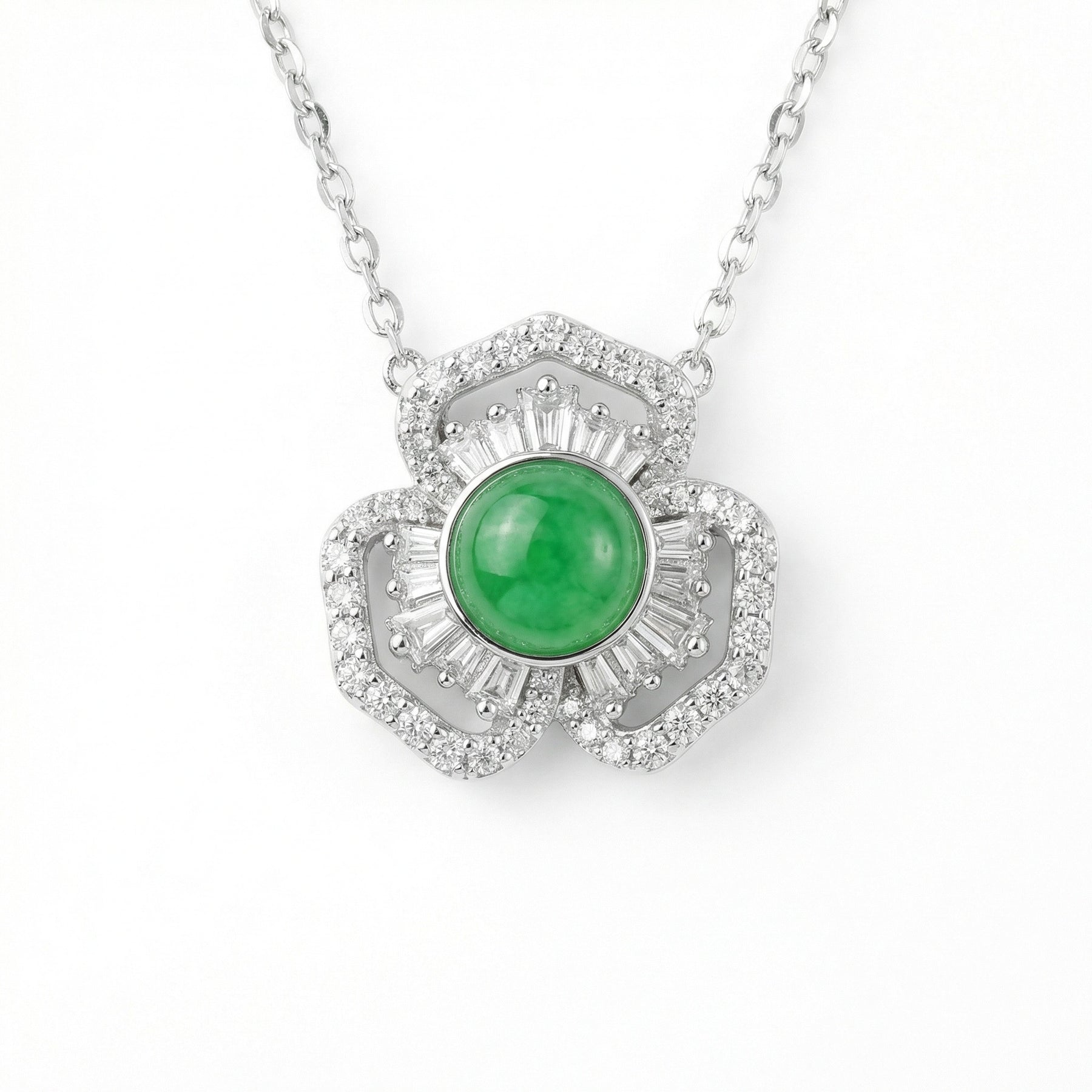 Green Jadeite Floral Halo Necklace – jade necklace, close-up