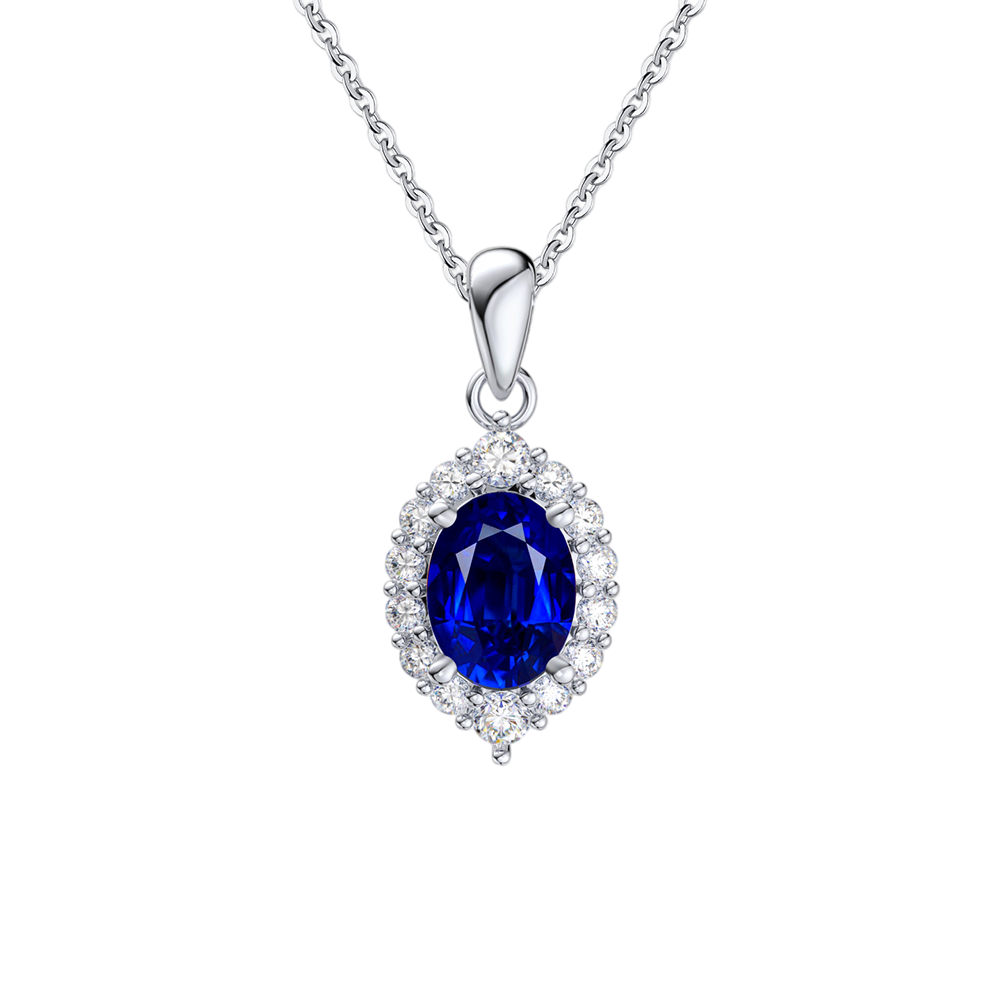 Oval Blue Sapphire Halo Necklace – sapphire necklace