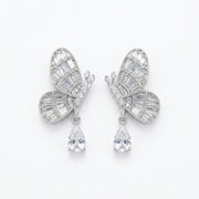 Butterfly Drop Earrings, Baguette and Pear – sterling silver earrings, close-up