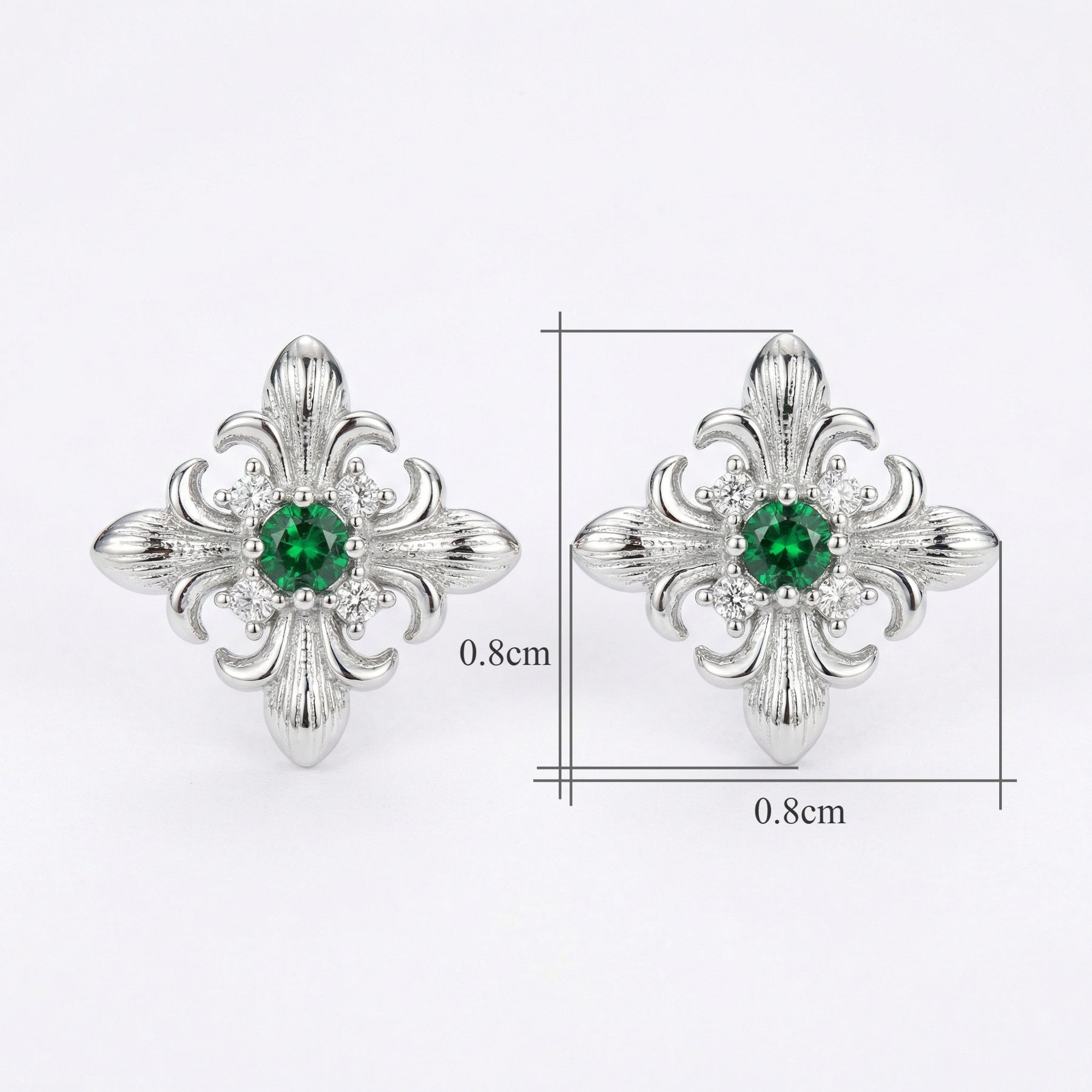 Vintage Fleur-de-Lis Green stone Studs – green stone earrings, close-up