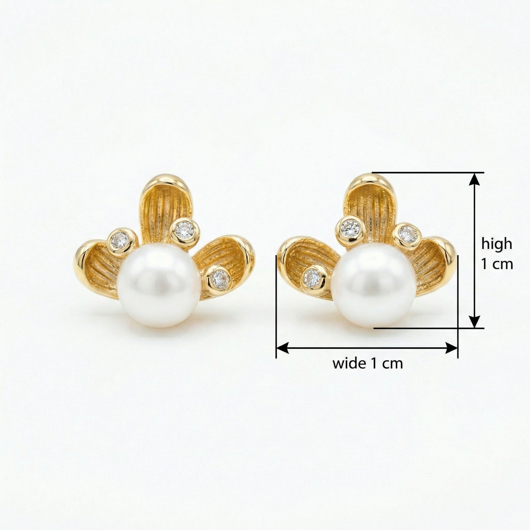 Floral Pearl Studs, Textured Petals – pearl earrings, front view