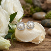 Floral Pearl Stud Earrings – pearl earrings, close-up