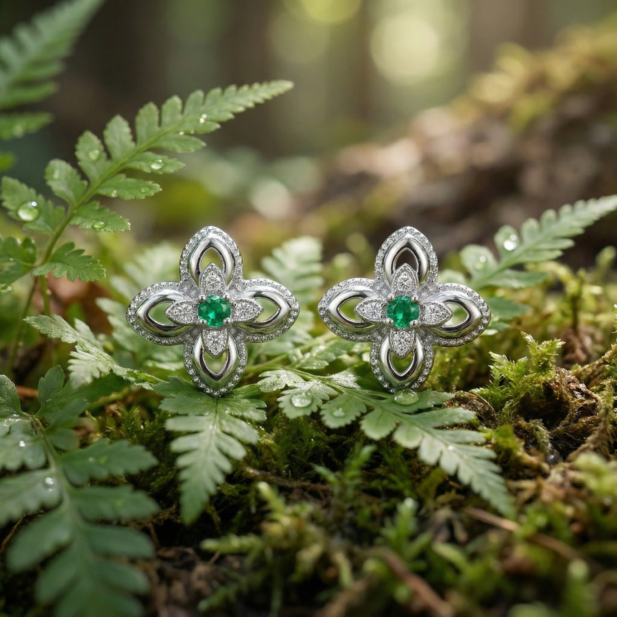 Green stone Floral Studs, Milgrain Detail – green stone earrings, front view
