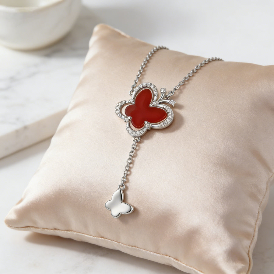 Butterfly Necklace with Red Stone Inlay – sterling silver necklace, front view