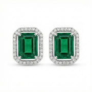 Rectangular-cut Green Halo Earrings – sterling silver earrings, close-up