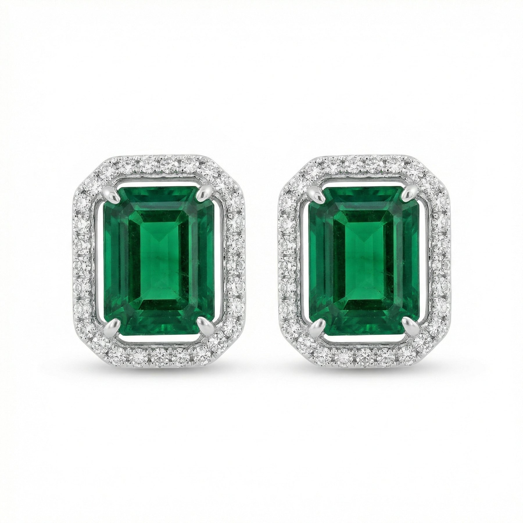 Rectangular-cut Green Halo Earrings – sterling silver earrings, close-up