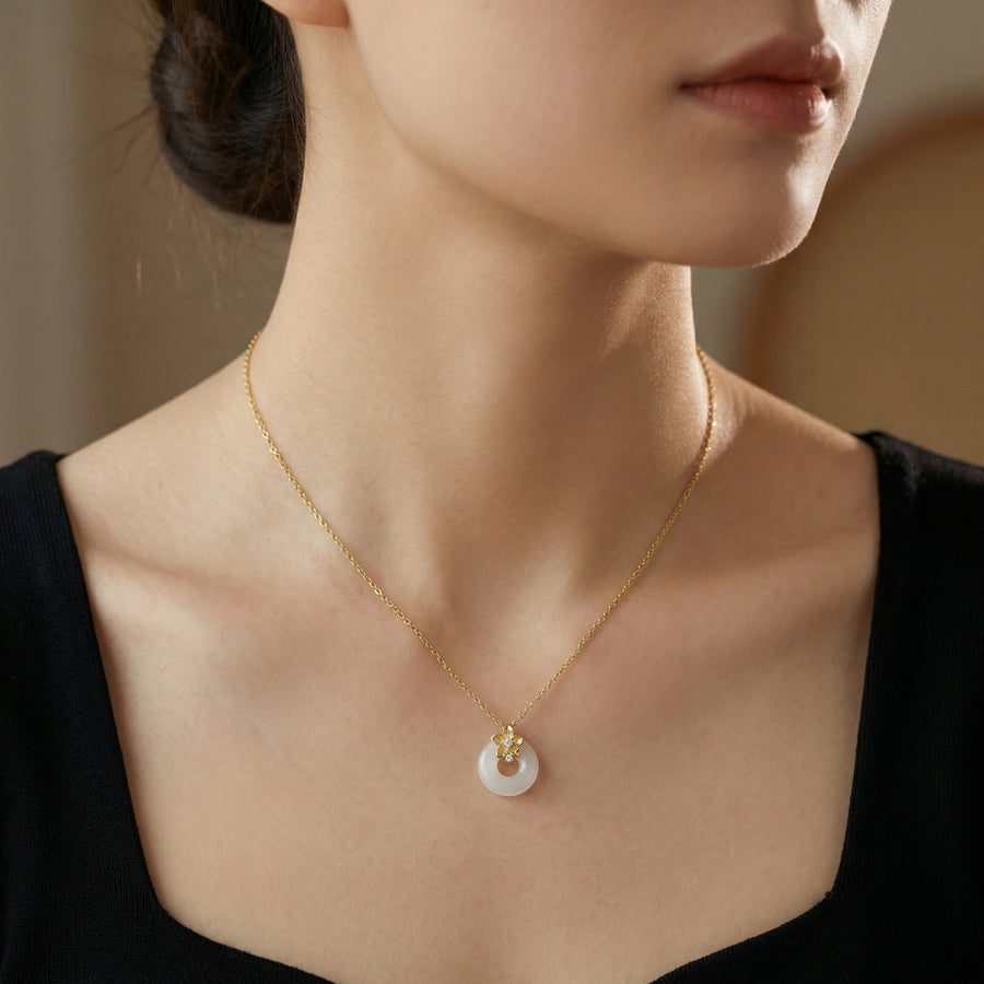 Floral Blossom Circle Pendant Necklace – sterling silver necklace, close-up