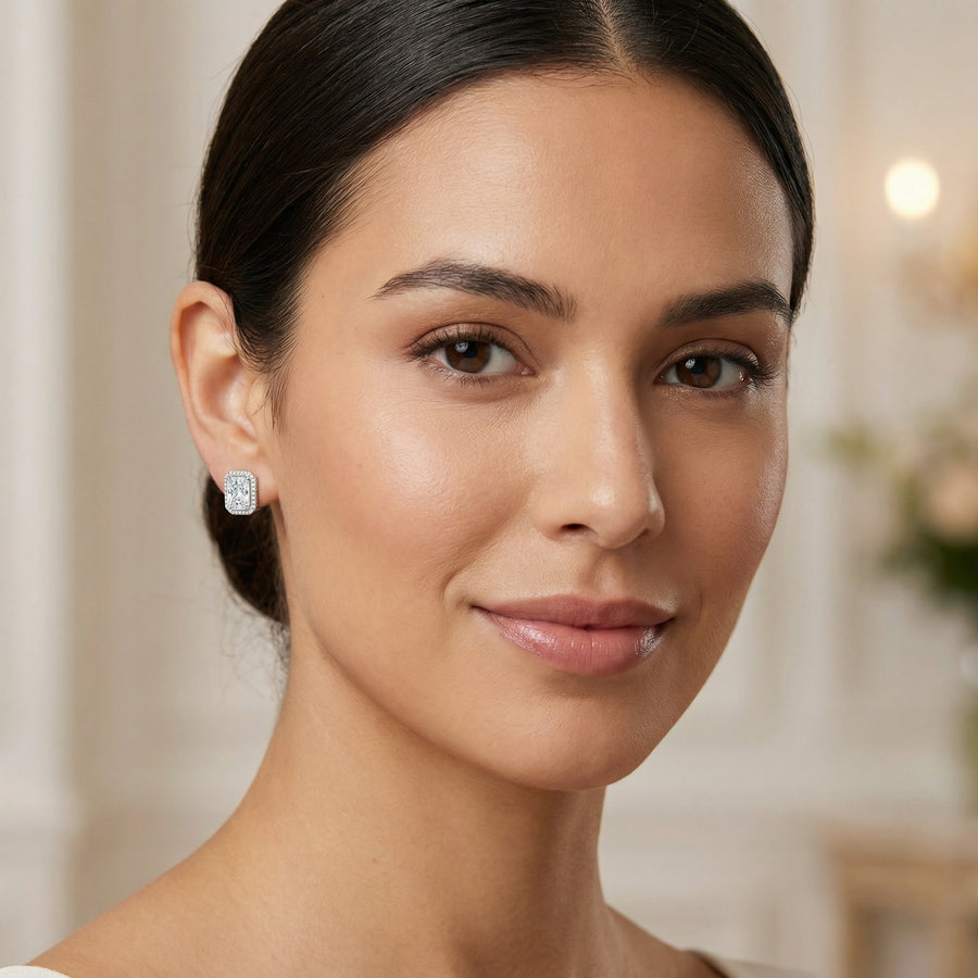 Radiant-Cut Rectangular Halo Studs – sterling silver earrings, close-up