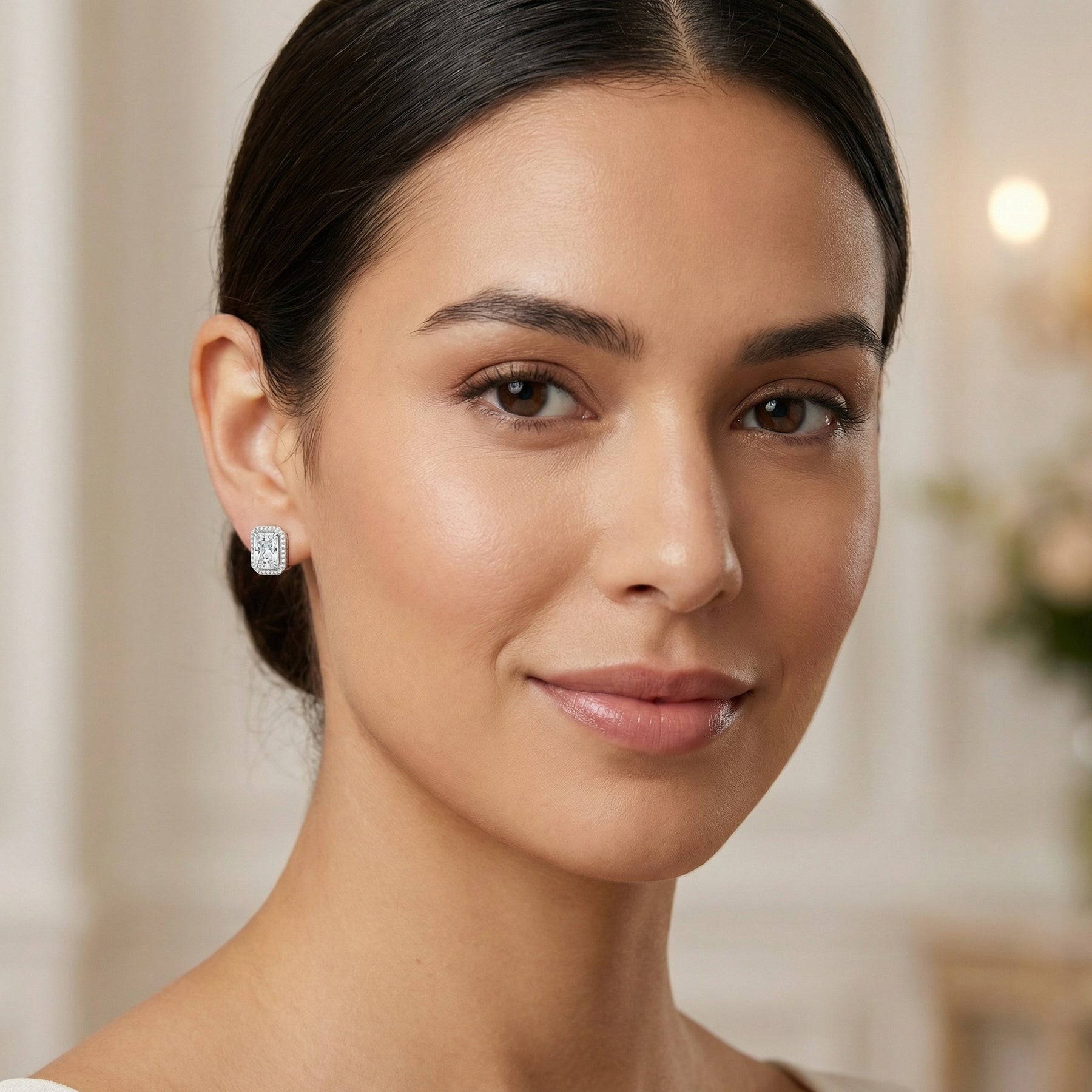 Radiant-Cut Rectangular Halo Studs – sterling silver earrings, close-up