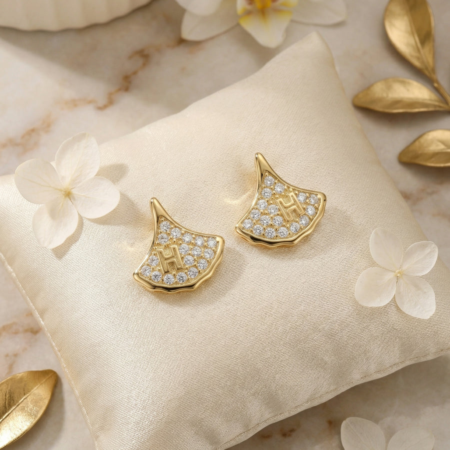 Fan-Shaped Letter H Stud Earrings – sterling silver earrings, close-up
