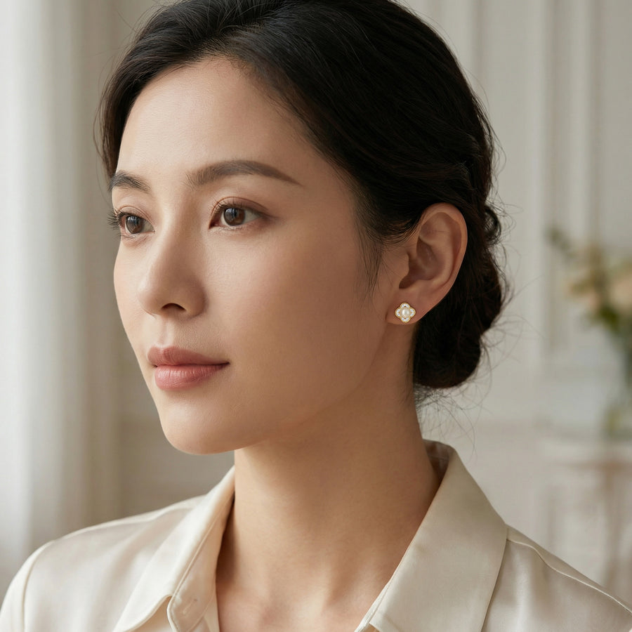 Pearl Quatrefoil Stud Earrings – pearl earrings, front view