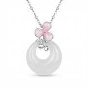 White Jade Donut Necklace with Pink Flower – jade necklace