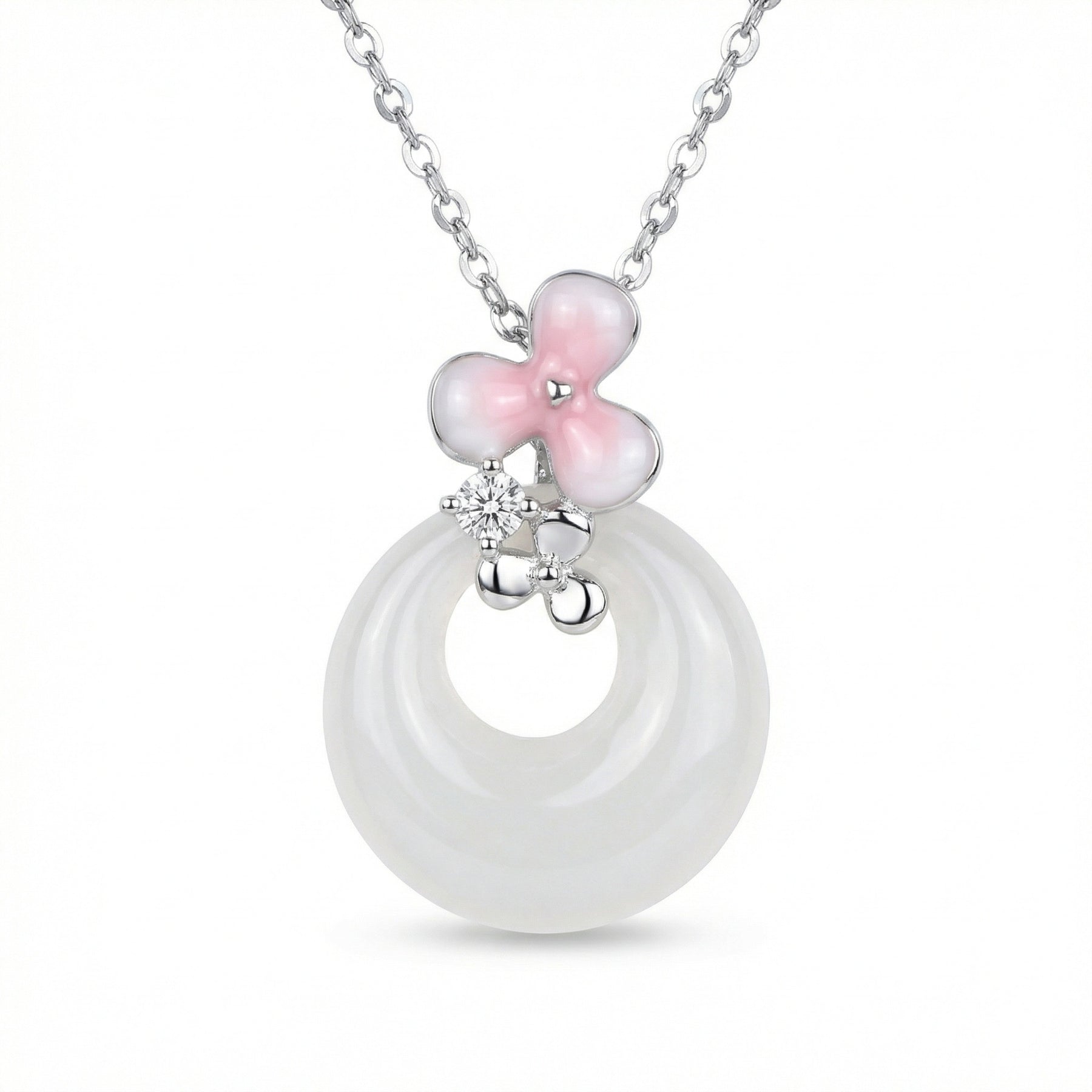 White Jade Donut Necklace with Pink Flower – jade necklace