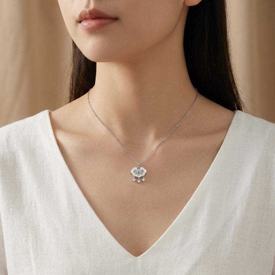 Ruyi Longevity Lock Pendant Necklace – mother-of-pearl necklace, side detail