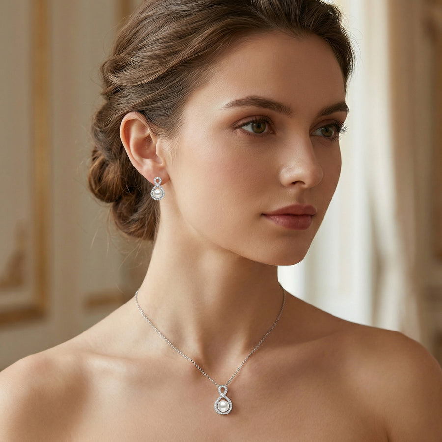 Infinity Pearl Necklace and Earrings Set – pearl earrings, front view